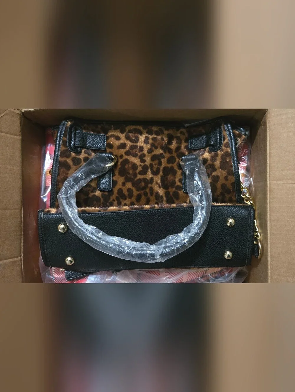 Michael Kors Leopard Print Satchel Handbag Purse Gold Chain Hardware Black Trim